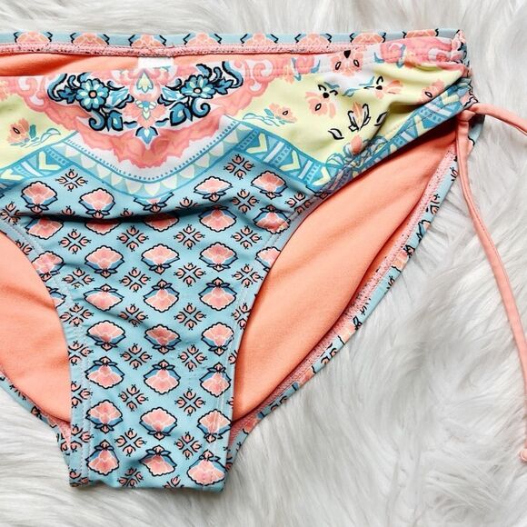 Justice Boho Side Tie Full Back Bikini Bottoms Blue & Peach Size 18 - Picture 1 of 6